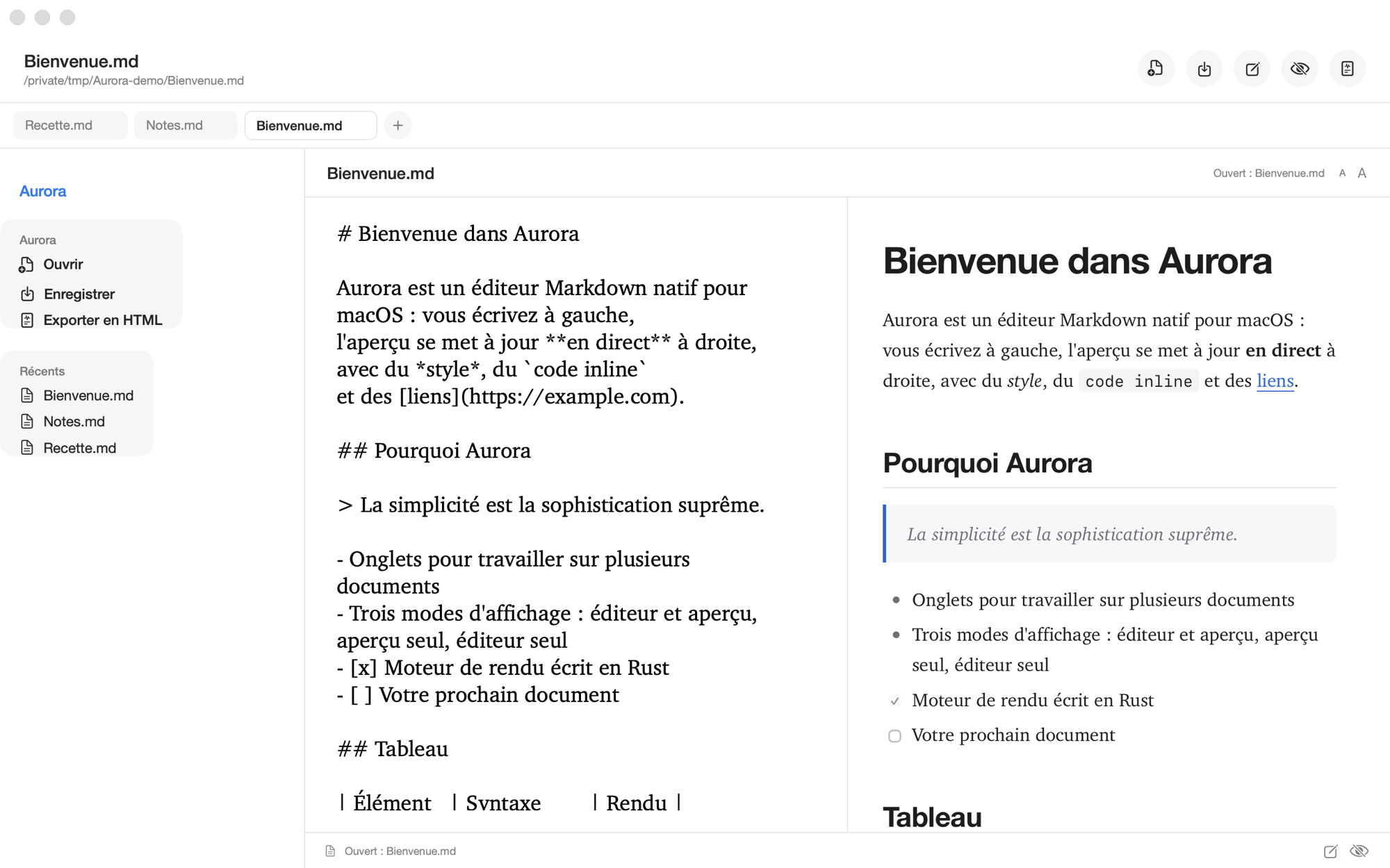 Fenêtre d'Aurora : onglets, éditeur à gauche et aperçu stylé à droite